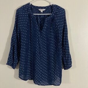 Counterparts Polka Dot Blouse Womens Medium Navy Blue Crochet Lace Trim Boho Top